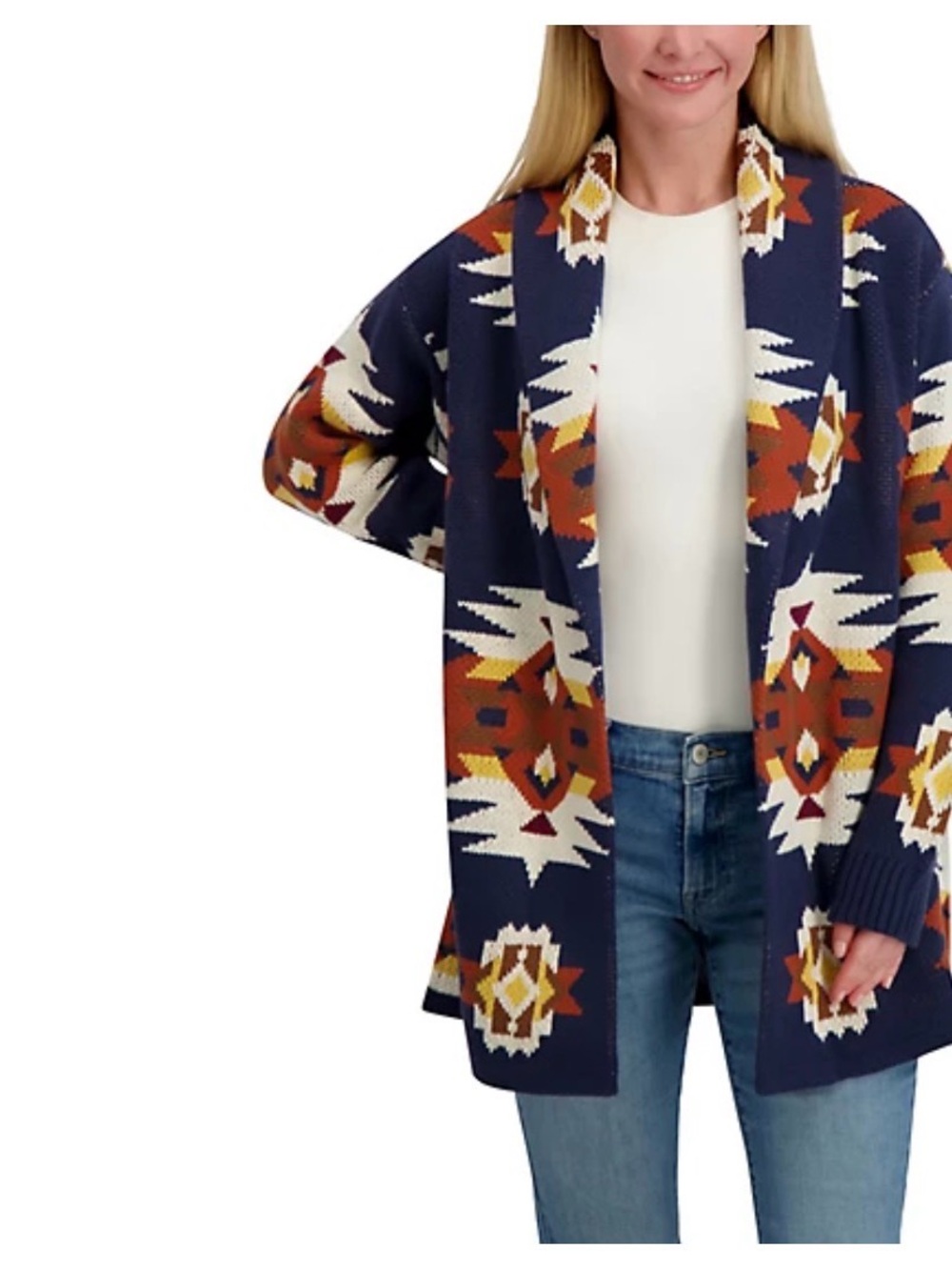 Lucky Brand Navy Aztec Open Cardigan with Rust and Cream Accents